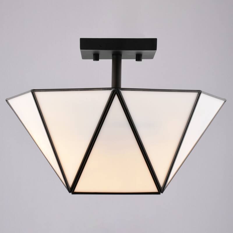 Burnett 2-Light Mid-Century Modern Semi Flush Mount Lighting Ceiling Fixture, White Tiffany Glass Shade for Entryway