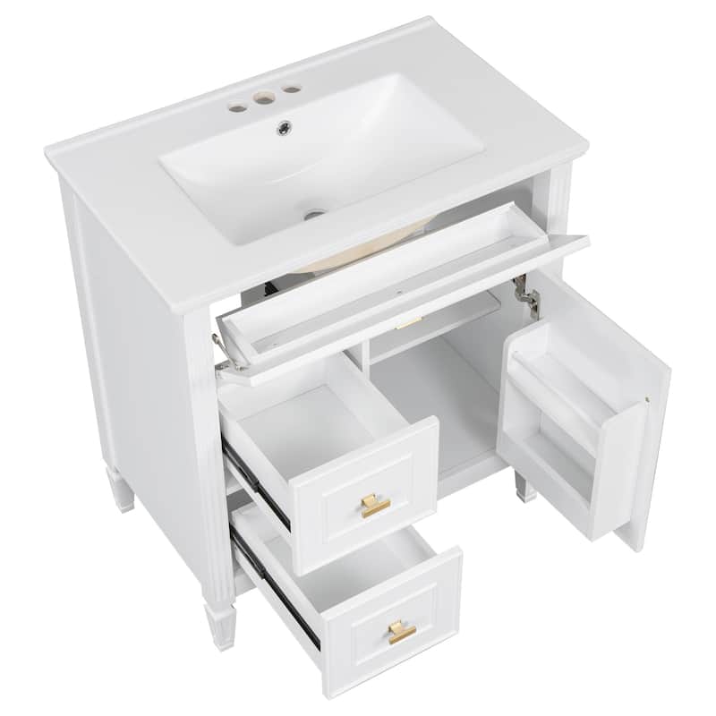 GDFStudio - Avalon 30-Inch Freestanding Bathroom Vanity with Ceramic Sink, Flip Drawer, Solid Wood & MDF Board