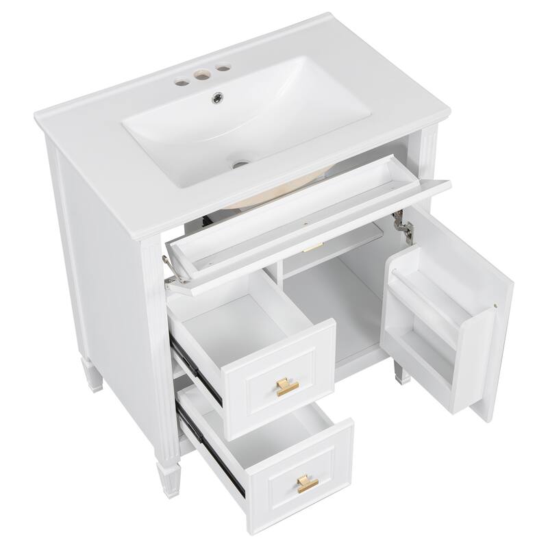 Roomfitters 30" Bathroom Vanity with Ceramic Sink, Solid Wood Frame with Flip Drawer, 2 Side Drawers & Adjustable Shelf