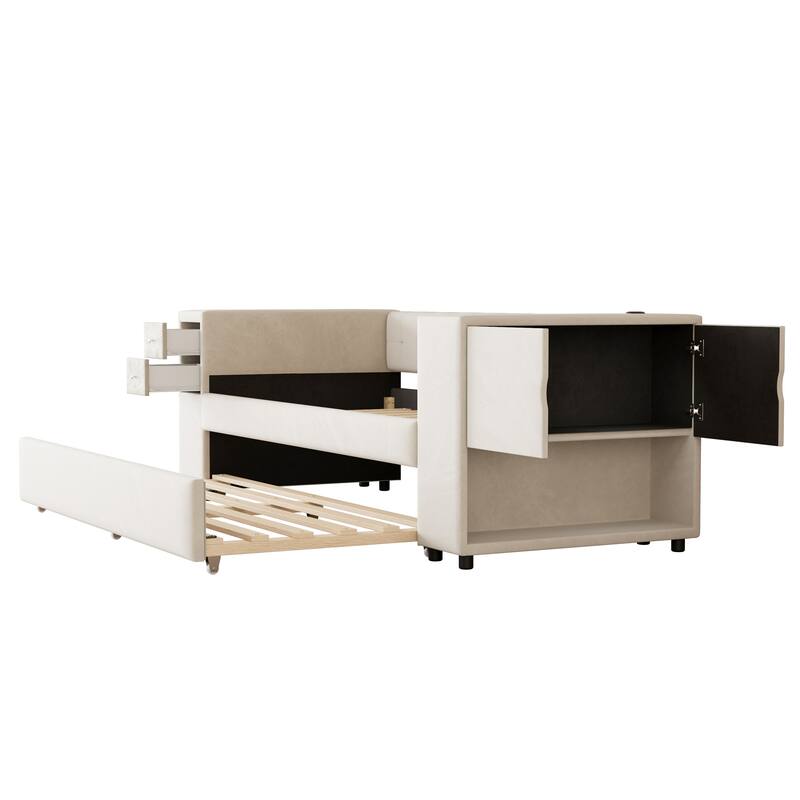 Twin Velvet Upholstered Platform Bed with Trundle, USB Charging, Storage Drawers, Beige/Gray