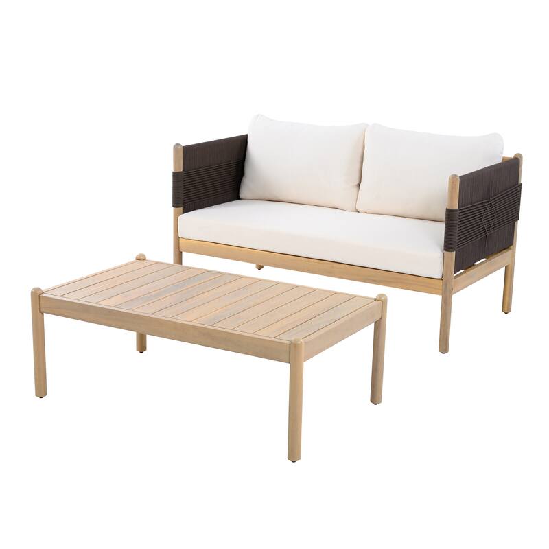 Christopher Knight Home - Outdoor 2-Piece Set with Acacia Wood Loveseat and Coffee Table, Rope Panels & Cushioned Seating - Light Teak+Black Rope+Cream Cushion
