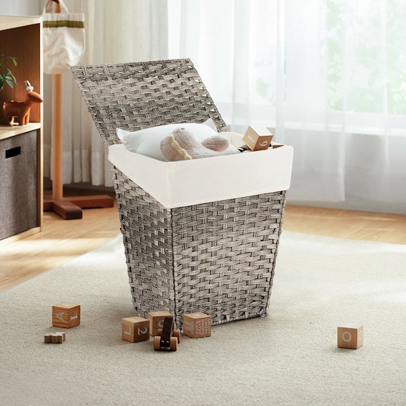 Gymax Handwoven Laundry Hamper Foldable w/Removable Liner, Lid & - 17.5'' X 12'' X 21''