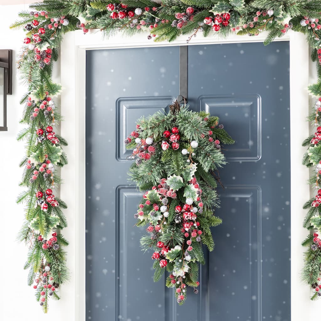 Glitzhome Christmas Red Pomegranate Berry & Holy Leaf Wreath or Teardrop