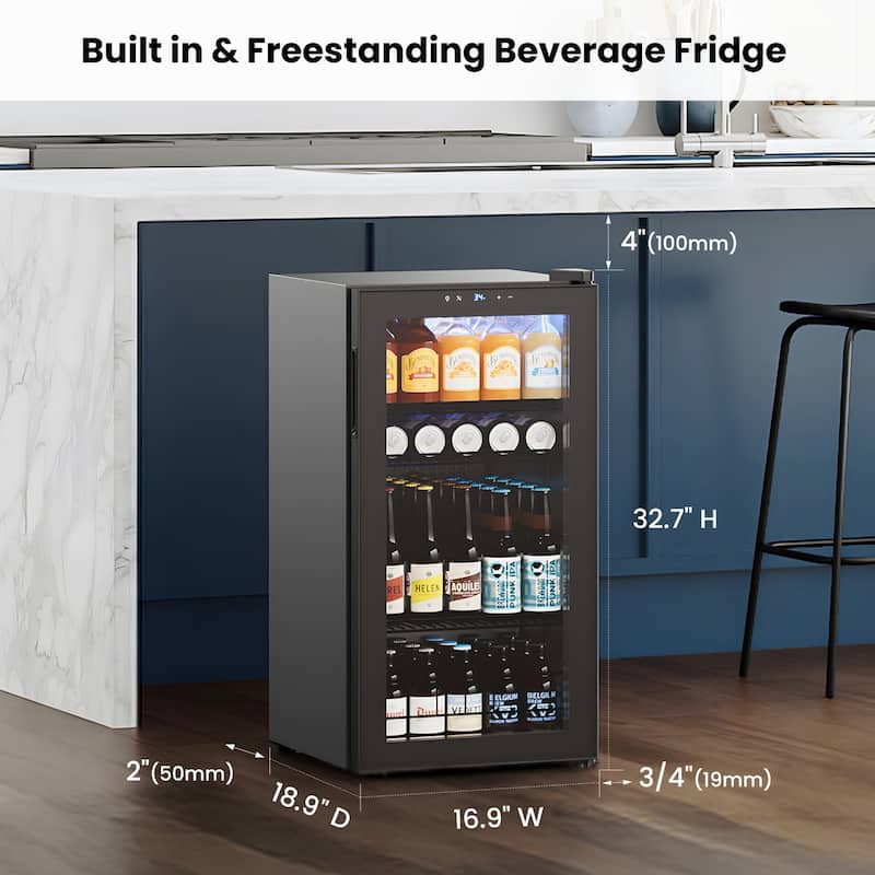 Yeego 3.1 Cu.Ft Beverage Cooler, Glass Door Mini Fridge with Digital Control, Quiet Cooling, Built-in or Freestanding Use