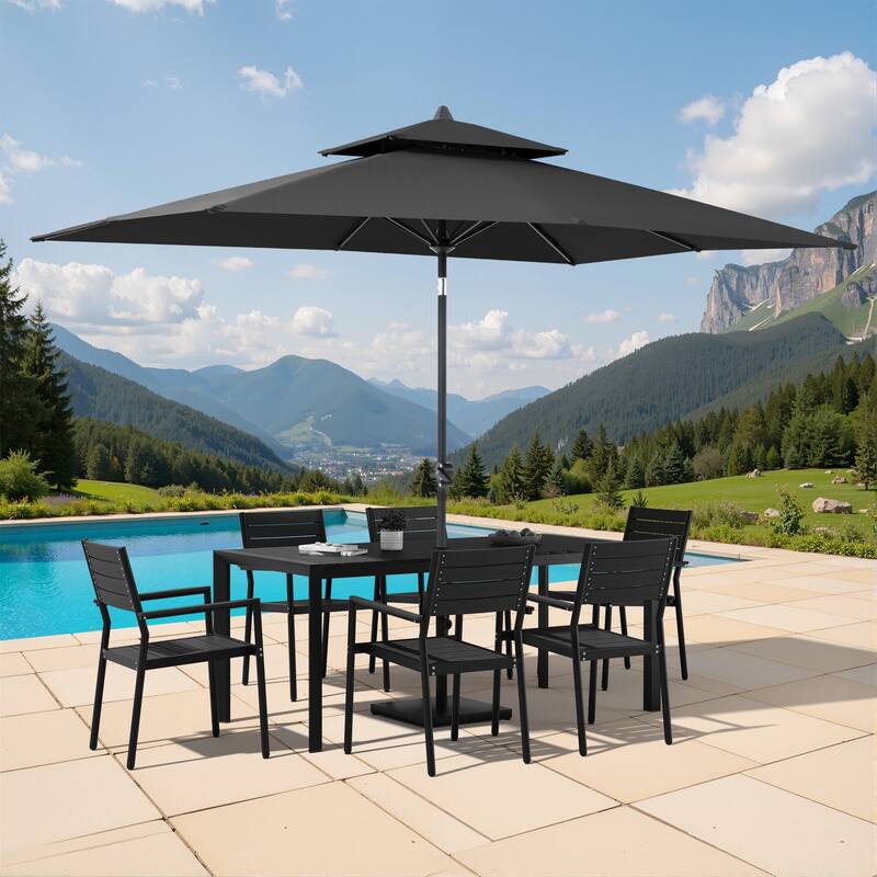 9/11-Piece Outdoor Patio Dining Set Aluminum Dining Table and Stackable Chairs w/10 ft Market Umbrella and Base - Set of 9 - Black Table with Black Umbrella
