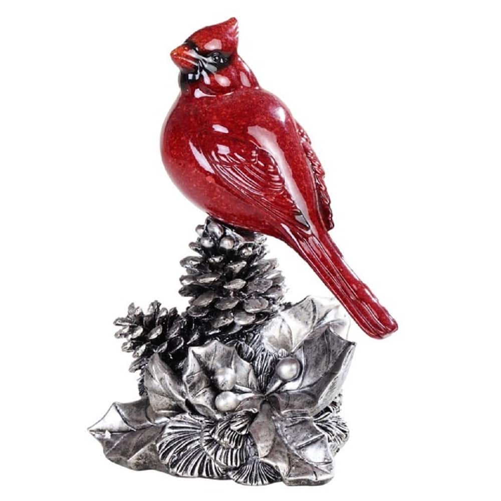 Q-Max 8"H Red Cardinal on Silver Pinecone Statue Wild Animal Decoration Figurine