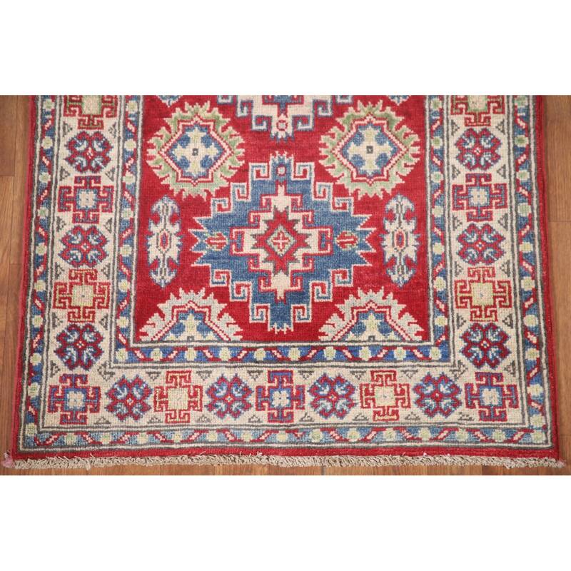 Hand Knotted Oriental 100% Wool Carpet Traditional Geometric Red Kazak Runner Rug - 7' 7'' X 2' 9''