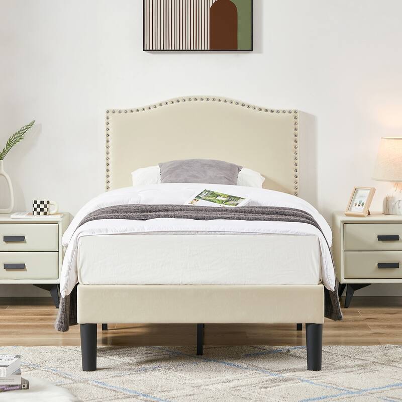Javlergo Upholstered Platform Bed Frame with Adjustable Headboard, Strong Frame and Wooden Slats Support, Easy Assembly