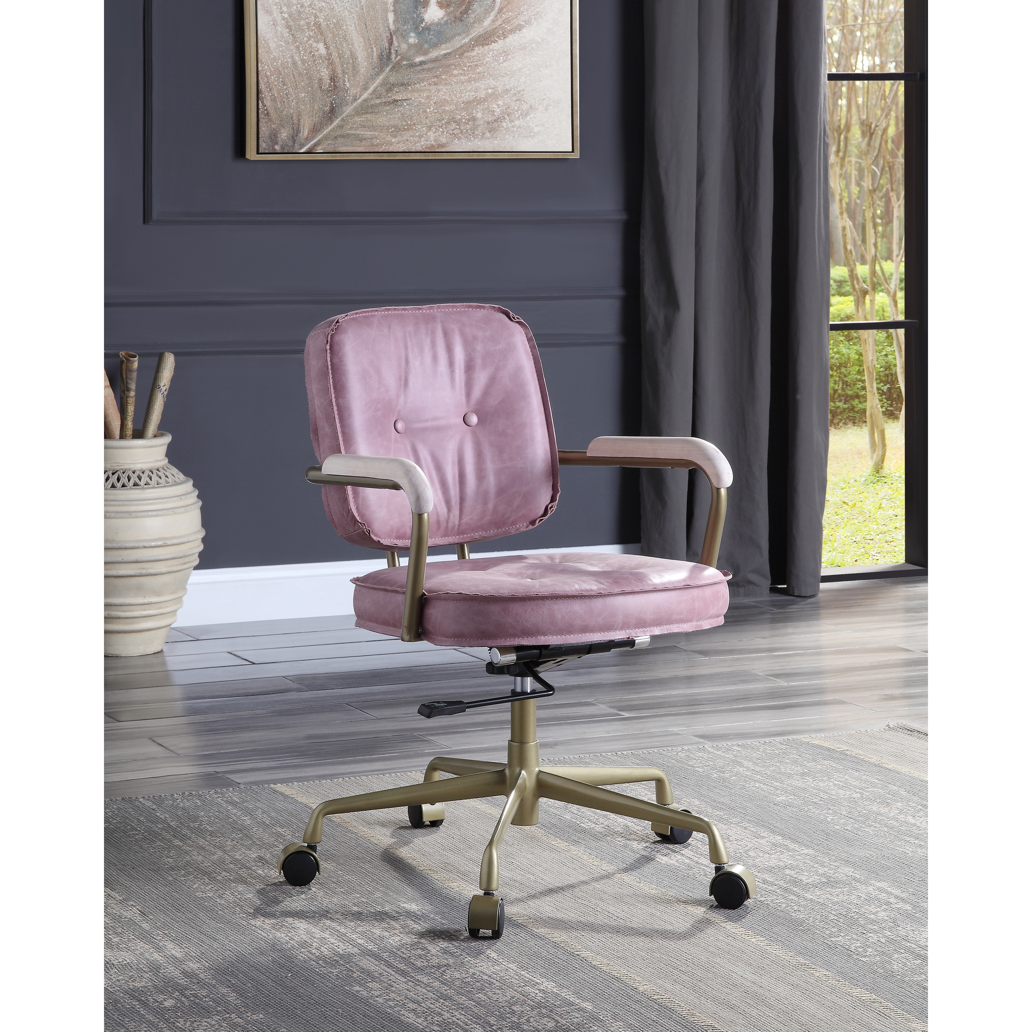 Vintage Top Grain Leather Office Chair with Height Adjustment Arm Design for Small Homes and Offices 360 Degree Swivel Pink