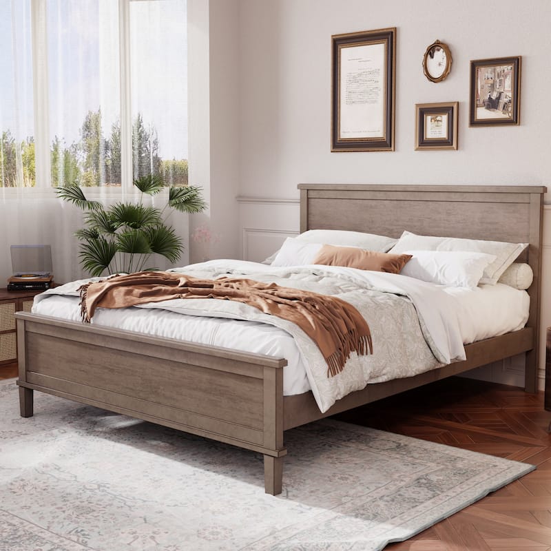 Wood Platform Bed with Headboard and Wood Slat Support