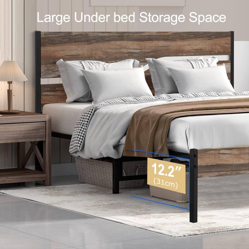 VECELO Beds Industrial Platform Bed Frame with Wood Headboard,Easy Set up