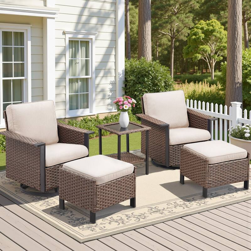Pocassy Outdoor Wicker 5-Piece Swivel Chair Table with Ottoman - Brown Wicker Beige Cushion - 5-Piece Swivel Chair Table with Ottoman