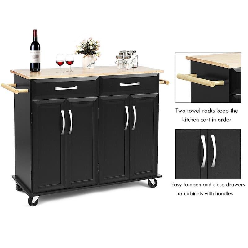 Costway Rolling Kitchen Trolley Island Black Cart Wood Top Storage
