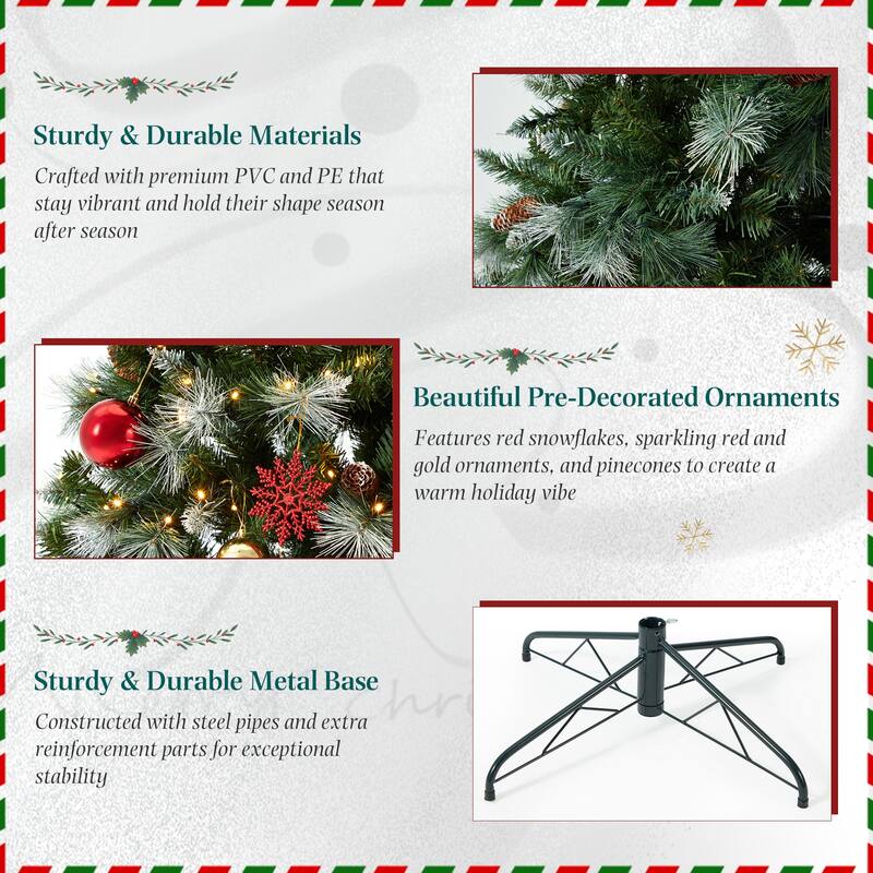 EROMMY 7.5ft Pre-lit Christmas Tree with 500 Lights, Snow-Flocked Artificial Tree with Pine Cones and Ornaments