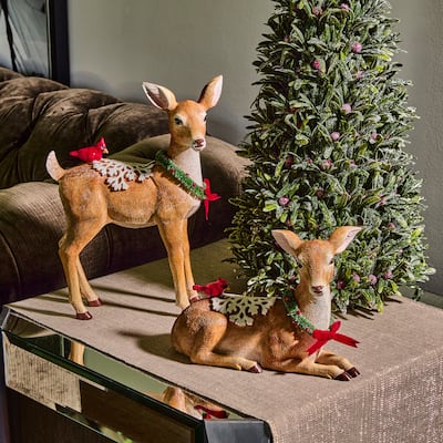 9-12" Resin Deer With Cardinal Snow Saddle Set of 2