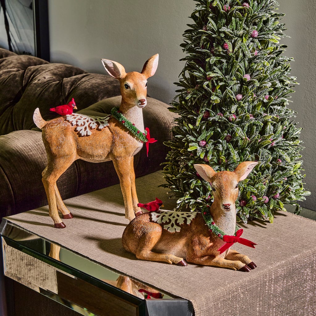9-12" Resin Deer With Cardinal Snow Saddle Set of 2