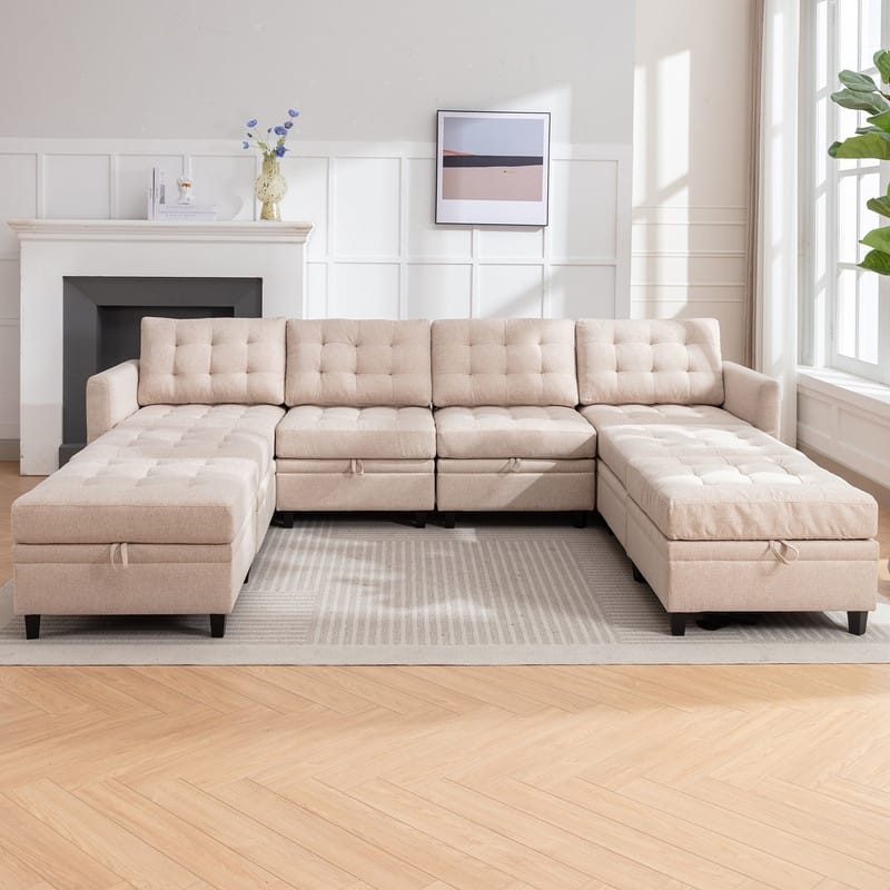 Mixoy Modular Sectional Sofa with Adjustable Armrest,Storage Ottoman,Modern L/U Shaped Living Room Furniture Set - Beige-4+4 - Reversible