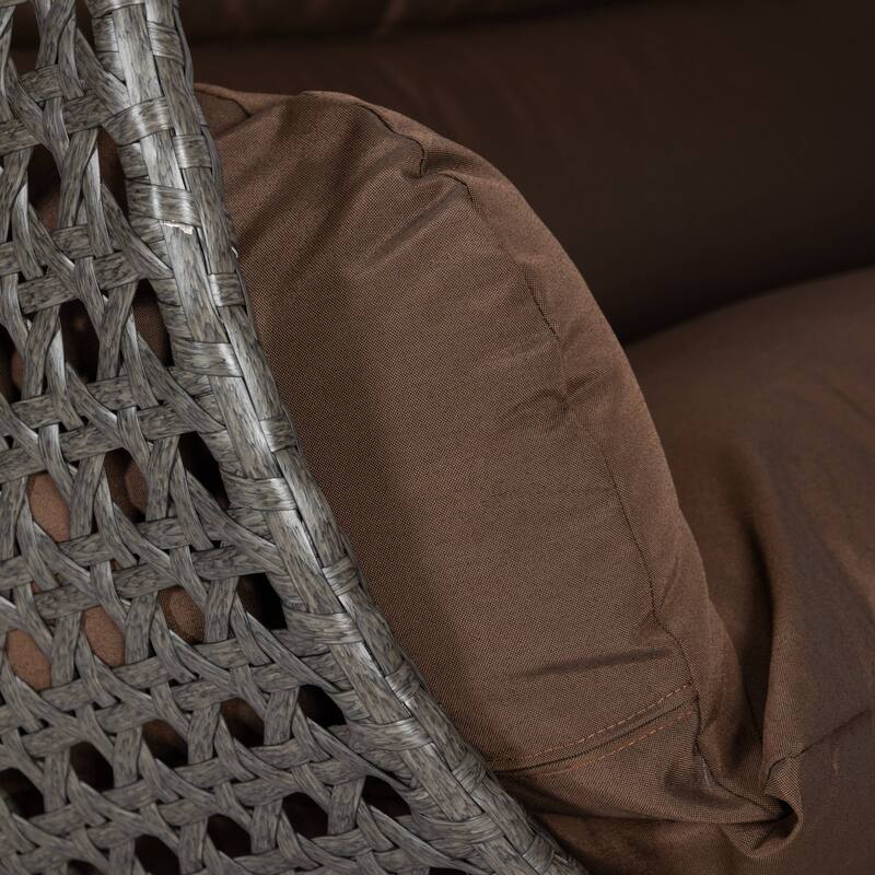 LeisureMod 2-Person Hanging Egg Swing Chair with Metal Stand - Handcrafted Charcoal Wicker, Patio Hammock Lounger with Cushions