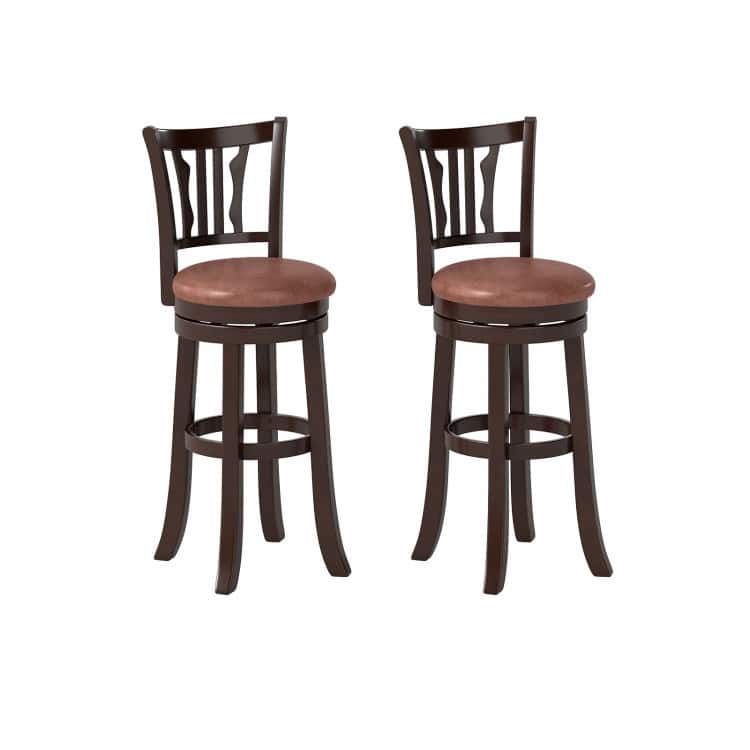 Set of 2 Cappuccino Rubber Wood MDF Faux Leather Swivel Bar Stools with Footrest - 29" - Cappuccino
