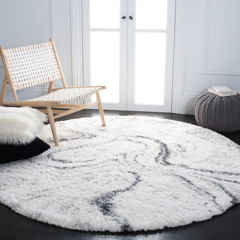 SAFAVIEH Fontana Shag Gisela Modern Abstract 2-inch Thick Rug - 4' Round - Ivory/Grey