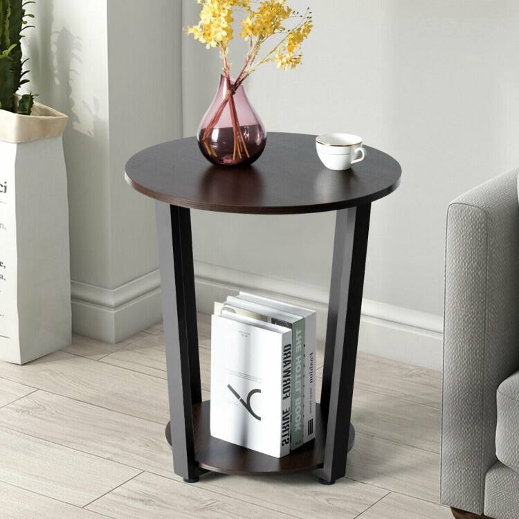 2-Tier Round End Table with Storage Shelf and Metal Frame - Walnut