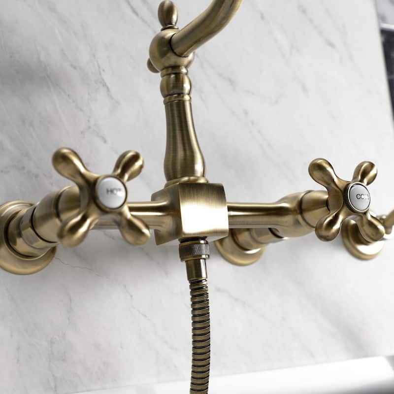 Heritage Two-Handle Wall Mount Bridge Kitchen Faucet with Brass Sprayer