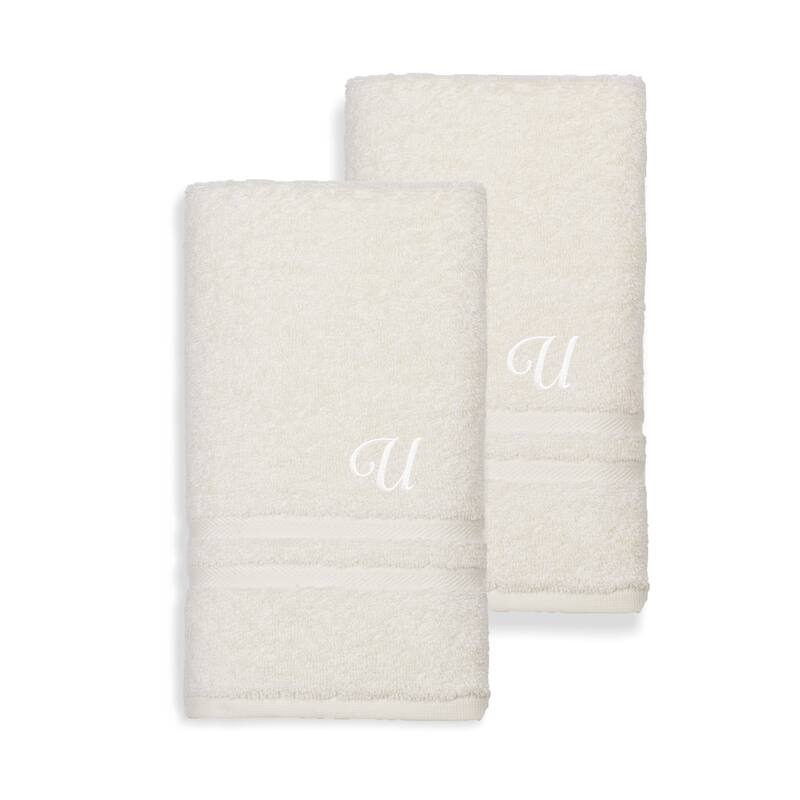 Authentic Hotel and Spa Omni Turkish Cotton Terry Set of 2 Cream Hand Towels with White Script Monogrammed Initial - U