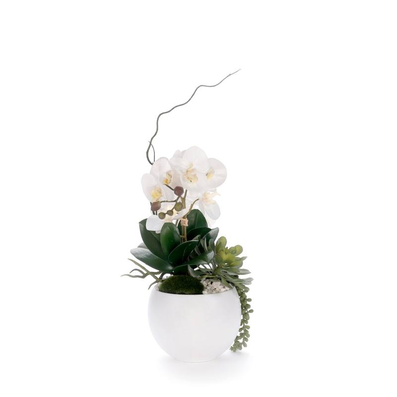 Real Touch White Orchid Flower Arrangement in White Bowl