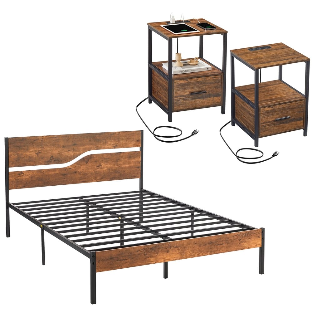 3-pieces Bedroom Set Platform Bed Frame Set of 2 Nightstands with Charging Station USB Port