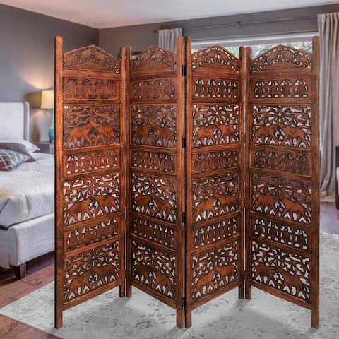 80 Inch Handcrafted 4 Panel Carved Wood Room Divider Screen, Intricate Cutout Details, Brown