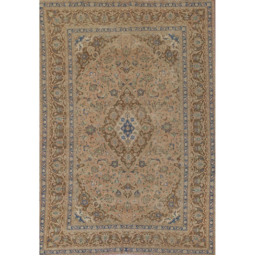 Traditional Mashad Persian Vintage Rug Handmade Orange Wool Carpet - 6'4"x 9'2"