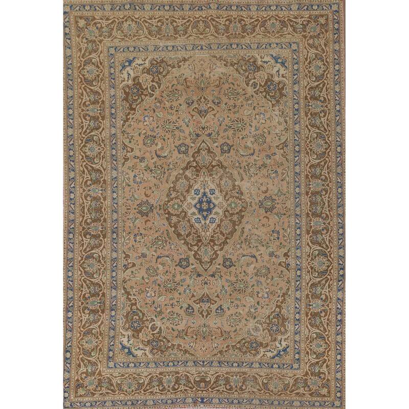 Traditional Mashad Persian Vintage Rug Handmade Orange Wool Carpet - 6'4"x 9'2"