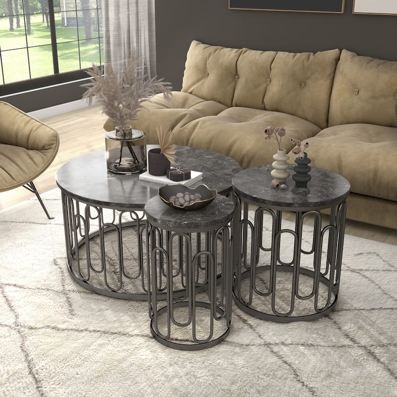 Lars Modern 3-Piece Round Table Set with Marble Top, Sturdy Decorative Metal Base by Furniture of America