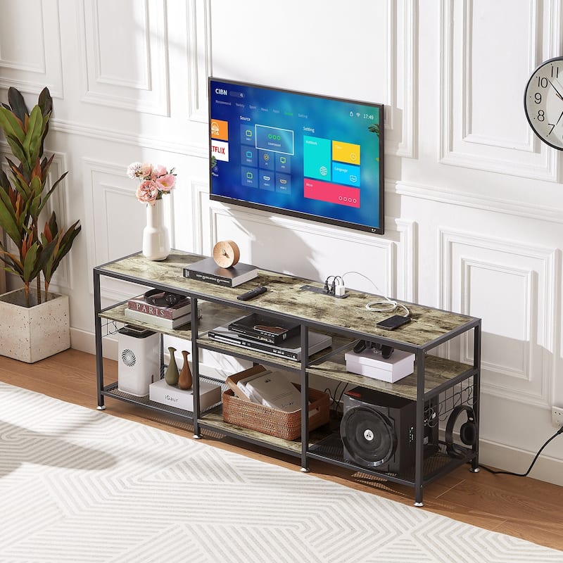 VECELO Wood TV Stand with Charging Station with Metal Frame, Storage Shelves Entertainment Center TV Cabinet