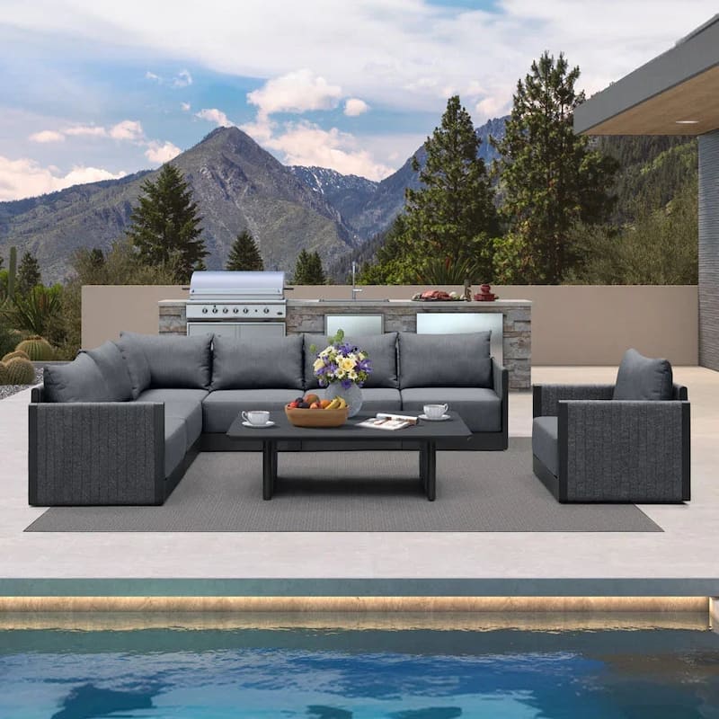 PURPLE LEAF L-shape 7 / 8 /10 Piece Grey Sofa with Ottoman and Cushion for Poolside Garden Outdoor Patio Conversation Set