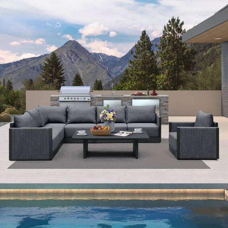 PURPLE LEAF Sanori Sectional Sofa Patio Conversation Set with Grey Ottoman and Cushion for Poolside Graden Couch - L-shaped - 7-Piece+1-Table