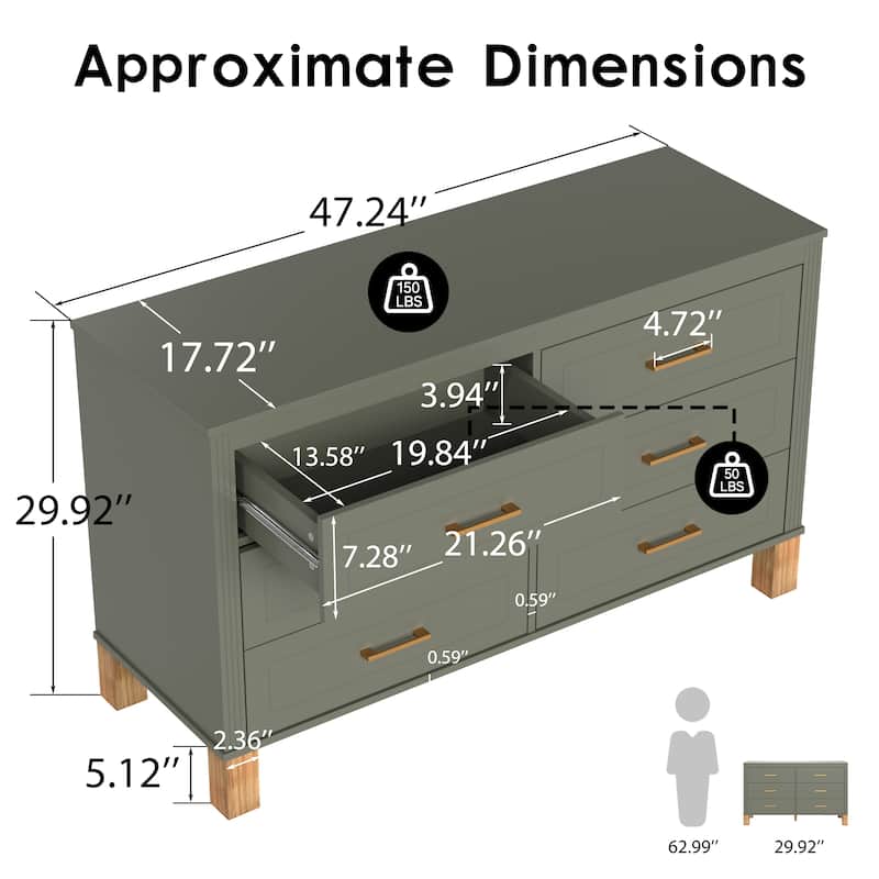 6-Drawer Double Dresser with Metal Handles & Solid Wood Legs, Kids Bedroom Storage Organizer