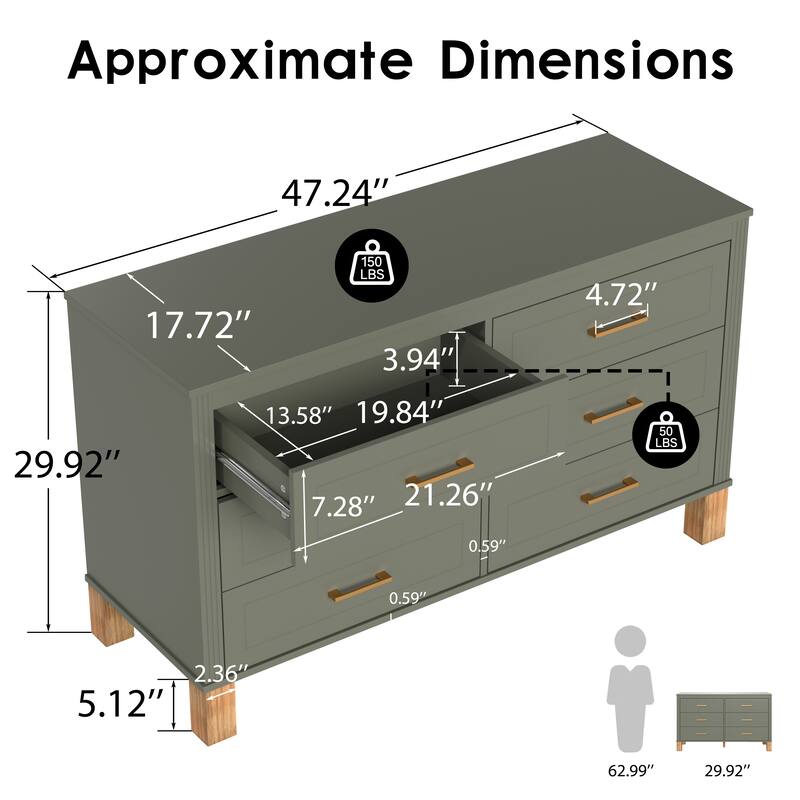 Modern Storage 6 Drawers Cabinet with Metal Handles and Solid Wood Legs
