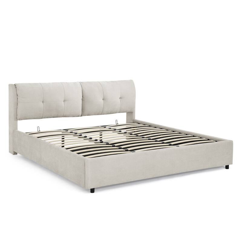 King Size Upholstered Hydraulic Platform Bed with Storage and Headboard, Chenille Fabric, Beige