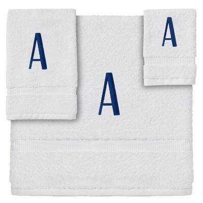 3-Piece Letter A Monogrammed Bath Towels Set, Embroidered Initial A Wedding Gift (White, Blue)