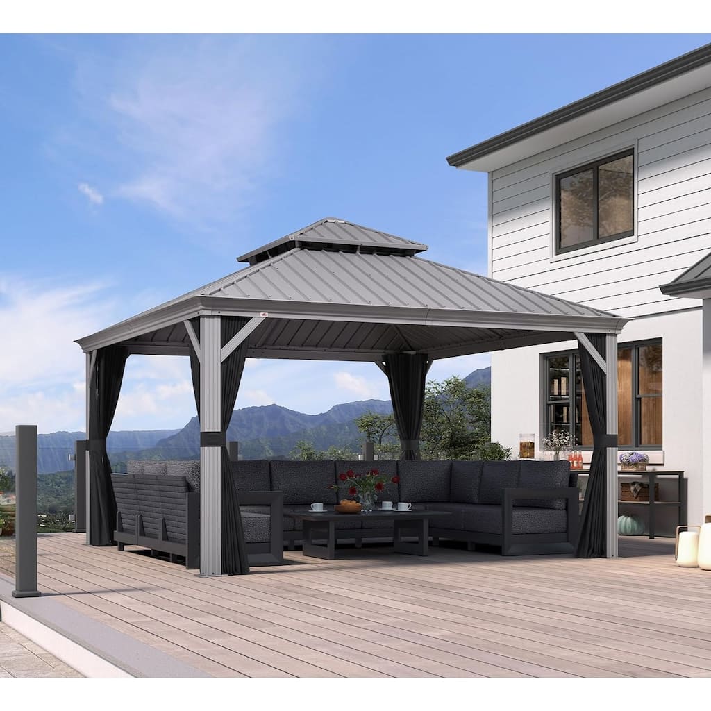 PURPLE LEAF Patio Gazebo for Backyard Hardtop Galvanized Steel Frame with Upgrade Curtain - Light Grey
