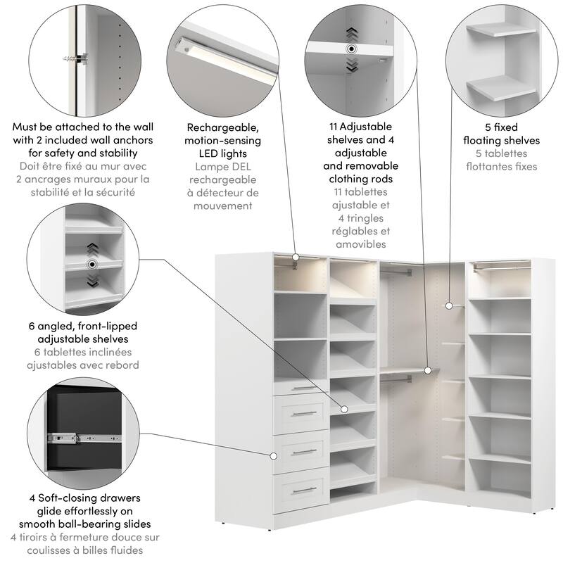 Bestar Florence 85W x 69D L Shaped Walk-In Closet System, Shaker