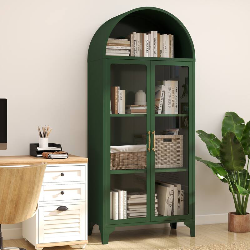 73.6-Inch Arched Metal Storage Display Cabinet with Glass Doors - 2 Doors - Green