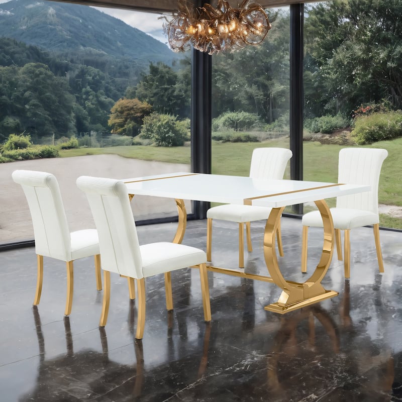 Furniture of America Carra Modern 5-Piece Stainless Steel Dining Table Set - Gold/White