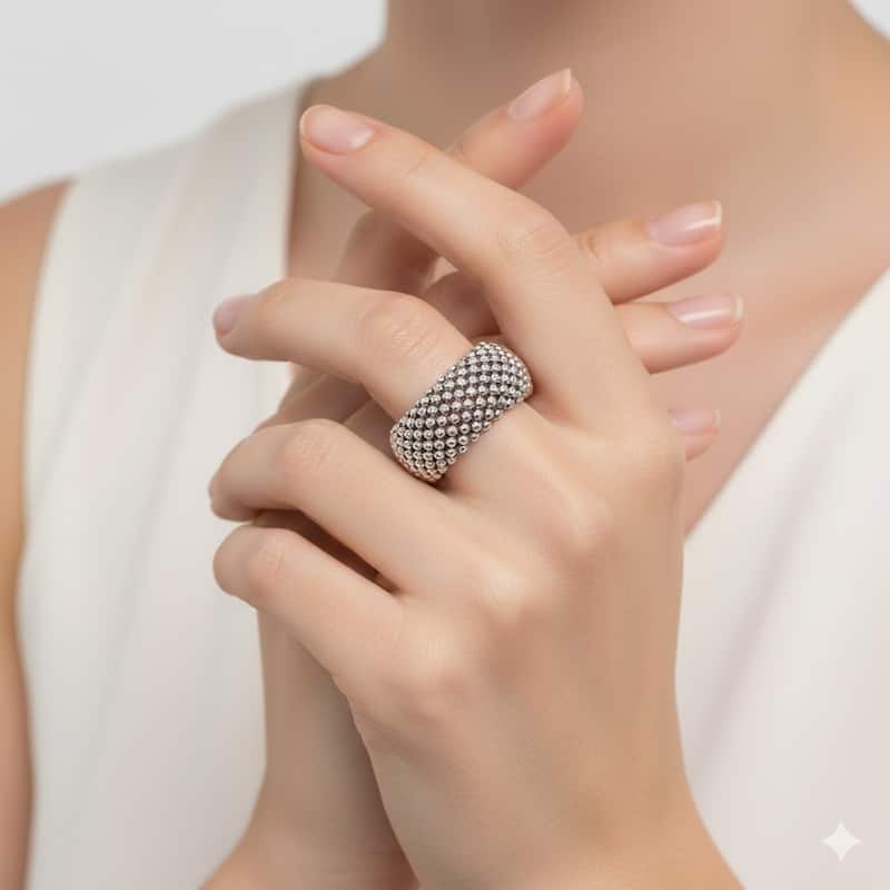 Curata 925 Sterling Silver Italian 11mm Wide Beaded Mesh Flexible Ring