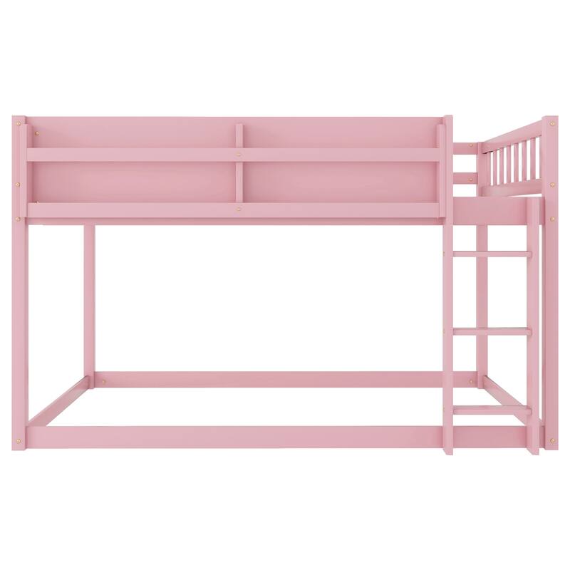 Low Twin Over Twin Bunk Bed, Floor Bunk Bed with Ladder and Storage Shelf, Convertible Design Twin Size Bunk Bed Frame