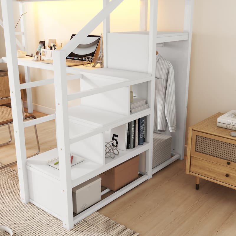 Iron Loft Bed Frame with Desk, Charging Station, Bedside Shelf and Wardrobe, Heavy Duty Metal Loftbed with LED Lights