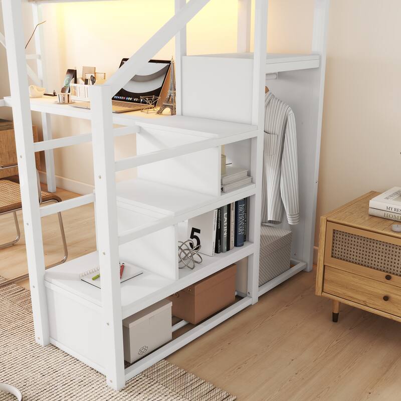 Queen/Full Loft Bed with Desk & Charging Station, Metal Loft Bed with Stairs & Light for Kids Teens