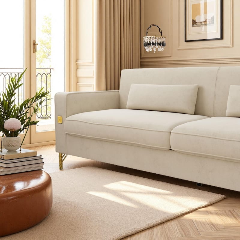 Roomfitters Mid-Century Modern Upholstered Sofa with Gold Metal Legs and Square Arms, Elegant Couch for Living Room