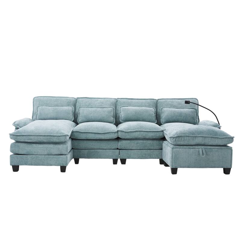 Chenille U-shape Sectional Sofa with Chaise and Storage Ottoman, Modular Couch with USB/Type-C Ports, Side Pockets, Phone Holder